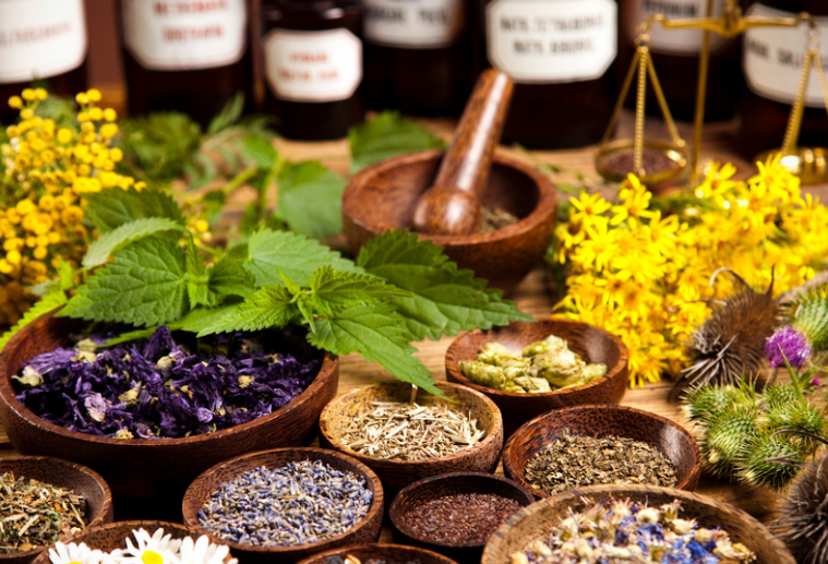 Traditional herbs, mortar and pestle